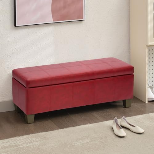 41" Storage Ottoman, Storage Bench with Safety Hinge, Upholstered Synthetic Leather Ottoman Bench for Bedroom, Living Room, Entryway, Hallway, Foot Rest, Support 500lbs - color: Red, size: 41 inch