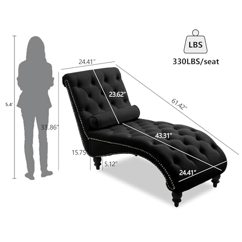 Button-Tufted Chaise Lounge Indoor, Velvet Chaise Lounge Chair with Legs & Toss Pillow, Armless Rolled Backrest Leisure Sofa Recliner for Living Room Bedroom (Black) - color: Black Velvet