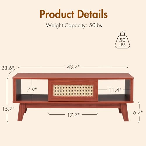 Coffee Table, Mid Century Living Room Tables with Storage, Modern Square with Rattan Drawer, Wooden Living Room Table with Solid Wood Leg - color: Cherry