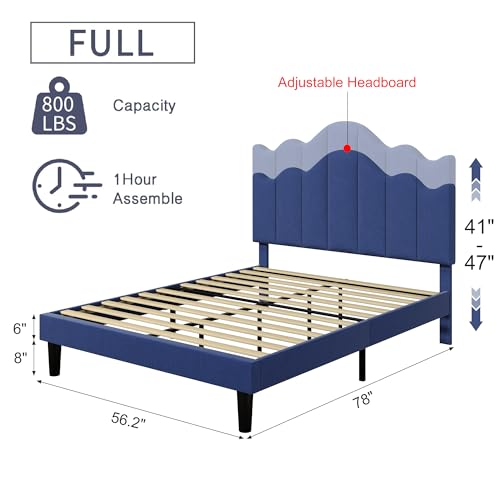 VECELO Full Size Upholstered Platform Bed Frame with Adjustable Headboard, Wood Slat Support and Noise-Free, No Box Spring Needed, Easy Assembly, Dark&Blue - color: Dark&blue, size: Full, style: Bed Frame