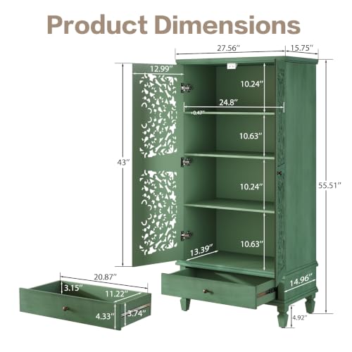 Accent Cabint with Doors, 55" Tall Vintage Storage Cabinet Green | Modern Mid Century Cabinet Hollow Carved Door Pantry with 1 Drawer Accent Furniture For Living Ding Room Entryway Hallway - color: Green55"