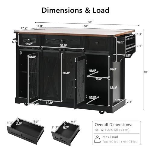 Kitchen Island, 56.5" Rolling Kitchen Cart on Wheels, Black | Drop Leaf, Power Outlet, 5 Drawers, 4 Soft-closing Doors, Embossed Stripe, Locking Casters, Stationary Feet, 150lbs Capacity - color: Black-56.5"