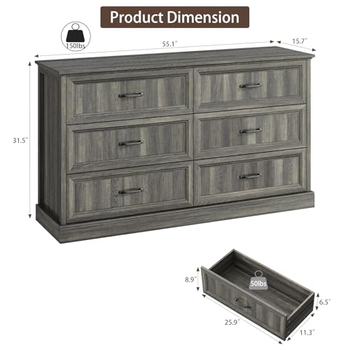 Farmhouse 6 Drawer Dresser for Bedroom, 55" Grey Dresser with TV Stand | Wide Dresser with Large Drawers & Bar Handles, Rustic Wood Chest of Drawers for Living Room, Hallway, Entryway. - color: Grey, size: 16"D x 55"W x 31"H (6 Drawers)