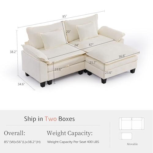 85" Modular Sectional Sofa with Storage, L-Shaped Comfy Cloud Couch | Deep Seat, Moveable Ottoman, Throw Pillows, Sofa Sleeper, Cloud Comfort Couches for Living Room Bedroom, Chenille Beige - color: Beige, size: 85" - 3 Seat L
