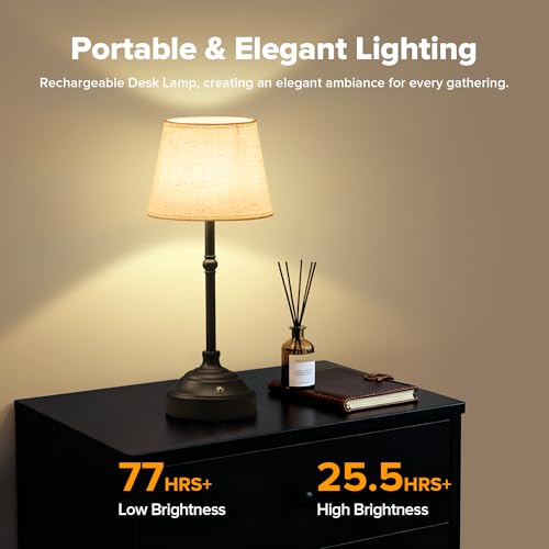 Cordless Table Lamp, Rechargeable Desk Lamp with Fabric Shade, Battery Operated Lamp 3 Color Stepless Dimming, Portable Small Touch Bedside Lamp Home Decor for Dining, Counter (Matte Black) - color: Black, size: 1 Pack