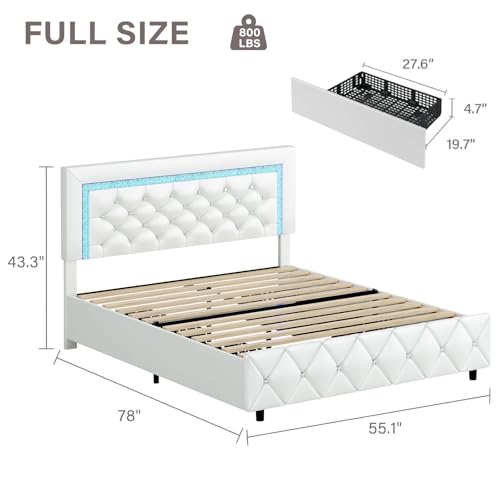 BarnFurin Full Size Bed Frame with LED Headboard and Storage Drawers,White | Modern Platform Bed with Diamond Headboard and Footboard, No Box Spring Needed - color: White, size: Full