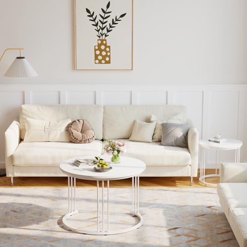 Nesting Coffee Table, 23.6" Round Coffee Table Set of 2, Wooden Nesting Table with Metal Frame, Ceter Tables for Living Room Bedroom Balcony, White - color: White