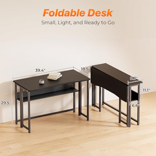 Huuger Folding Desk with Storage Shelf, 39.3 Inch Foldable Computer Table | Writing Work Office Computer Desk for Small Spaces, Space Saving Sofa Table for Couch, Easy to Fold, Black - color: Black, size: 18.5"D x 39.4"W