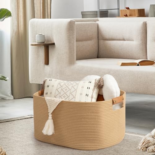 Large Blanket Basket for Living Room, 72 L Woven Cotton Rope Baskets for Kids Toy, Pillows, Towels, Cotton Organizing with leather handle, Storage Bin for Nursery, 22’’*17’’*11.8’’ Jute - color: Jute, size: 72L