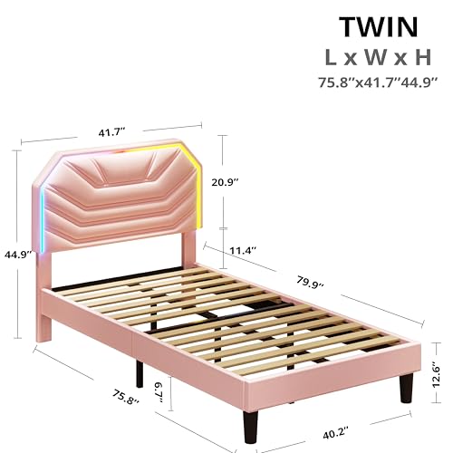 LIKIMIO Upholstered Twin Bed Frames with LED Light Headboard | Modern Cama Twin Platform Bed Frame with Heavy Duty Supports, No Box Spring Need, Noise Free, Easy Assembly, Princess Pink - color: Princess Pink, size: Twin