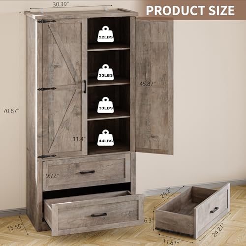 BORNOON Pantry Organizers and Storage Cabinet, 71” Barn Door White Kitchen Cabinet with Drawers and Adjustable Shelf, Tall Pantry for Kitchen, Dining Room, Living Room. Bathroom and Office - color: Wood, size: Double Drawers