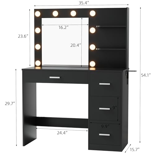 YESHOMY Vanity Desk with Mirror, LED Lights and Storage, Black | Makeup Vanity Table with 10 Lights, Power Outlet, 3 Color Modes, 4 Drawers and Shelves for Bedroom - color: Black