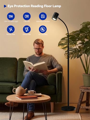 LED Reading Floor Lamp, 62" Floor Task Lamp, Adjustbale Floor Lamp | 7 Brightness & 4 Color Temperature, Dimmable, Gooseneck, Touch Control, Reading Light for Living Room Bedroom Office, Black - style: Reading Lamp (H2B)