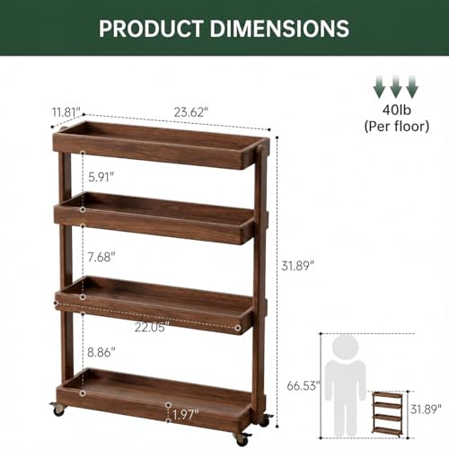 Small Narrow Side Table with Wheels, Skinny End Table for Small Spaces, 4 Tier Side Table for Living Room Bedroom(Walnut, 11.81" D x 23.62" W x 31.89" H) - color: Walnut, size: 11.81"D x 23.62"W