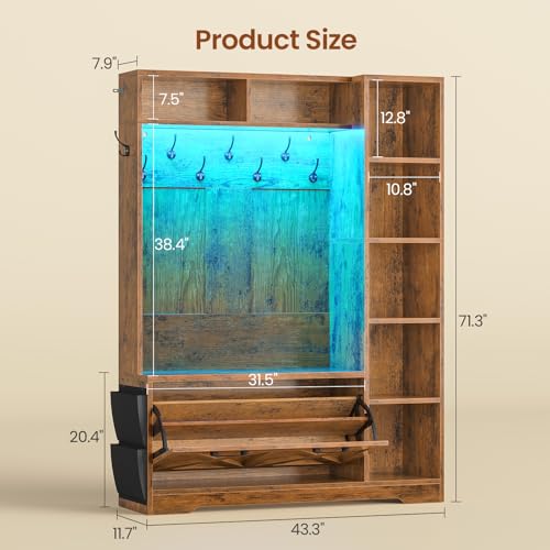 Itaar Hall Tree with Bench and Shoe Storage, Farmhouse Entryway Bench with Coat Rack, Shoe Cabinet with Flip Drawers, 7 Shelves, 10 Coat Hooks, Storage Bag, Led Lights, Rustic Brown - color: Rustic Brown, size: 11.8"D x 43.3"W x 70.9"H