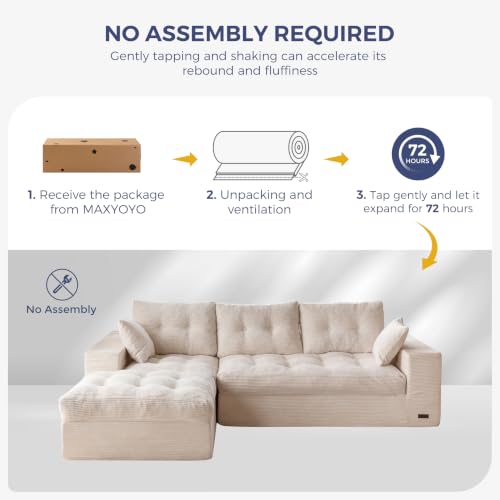 MAXYOYO Boneless Couch, 96-Inch L-Shaped Cloud Couch with Ottoman | Beige Layered Cushioning and Flexible Modules Create an Upholstered Sofa in a Box with No Assembly for Spacious Living Rooms. - color: Beige, size: 96" L Shape