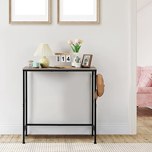 NOVIMANGO Console Table for Entryway, 31.5", Grey | Narrow Long Sofa Table, Small Entryway Table with Hooks, Skinny Hallway Table, Metal Couch Table Behind Sofa - color: Grey