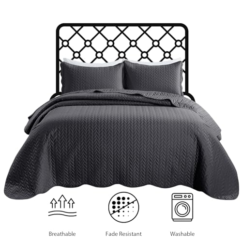 MOONLIGHT20015 Queen Quilt Bedding Set (90" x 96") - Bulk Pack of 10 Wholesale for Hotels, Guest Bedroom & Airbnbs - Lightweight Microfiber Reversible Embossed Quilts Bedspreads (Charcoal) - color: Charcoal/Dark Grey, size: Queen (10 Pack)