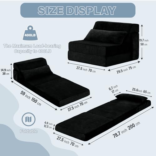 Convertible Folding Sofa Bed Single Size for Adults with Pillow, Plush Fabric Floor Mattress Couch Bed, Washable Cover & Side Pocket, Guest Room, Dorm, Apartment, Living Room, Black - color: Plush Black, size: Single Size