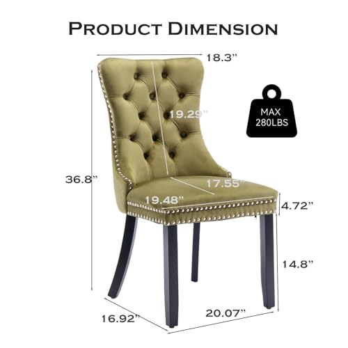 Velvet Upholstered Dining Chairs Set of 4, Modern Style Kitchen Side Chairs with Nailhead Trim and Wood Legs,Metal Pulling Ring for Dining Room Living Room(Olive Green,Set of 4) - color: Olive Green, size: Set of 4
