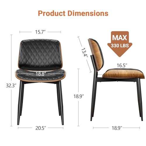 YaFiti Mid Century Upholstered PU Leather Dining Chairs Set of 2, Black | Ergonomic Walnut Backrest, Upholstered Waterproof PU Leather Seat, Stable Metal Legs, Adjustable Footpads, Apartment Friendly - color: Black Lozenge
