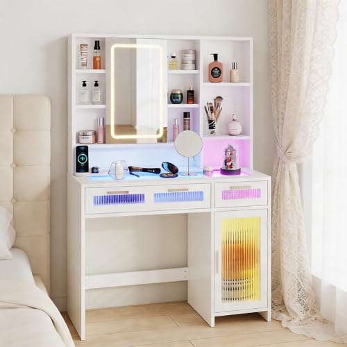 Hadulcet White Vanity Desk with Mirror and Lights, Makeup Vanity with Power Outlet & 10 Shelves, RGB LED Vanity with Drawers, 3 Modes Adjustable Brightness - color: White, size: 15.8"D x 42.9"W x 57.1"H