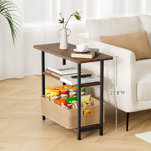 SLEEPING LAMB Side Table for Living Room, 3-Tier End Table for Small Space with Wide Storage Tabletop, Rustic Brown Narrow Nightstand for Bedroom, Sofa Couch - color: Brown