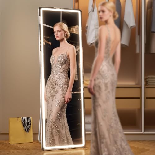 Full Length Mirror with Lights, 56" x 15.8" LED Lighted Floor Standing Body Mirror, Dimmable & 3 Color Lighting Cloakroom, Dressing Room, Tempered Glass, Rounded Corner White - color: White, size: 56"L x 15.8"W