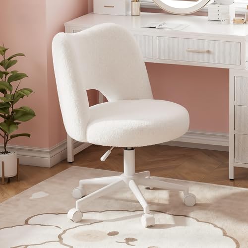 DurayLoly Vanity Chair with Open Back & Wheels,Armless | Fluffy Teddy Fabric ,Armless, Height Adjustable, for Makeup Room, Bedroom,Cream - color: Cream
