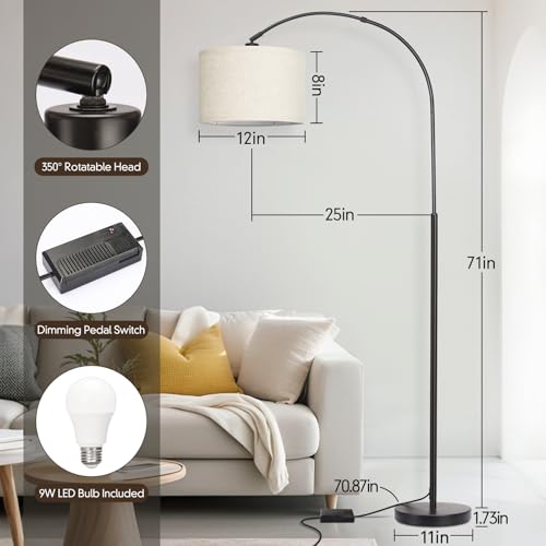 Dimmable Floor Lamp, Arc Floor Lamp with Dimmer, Black Standing Lamp with Adjustable Hanging Shade, Over Couch Tall Reading Light, Modern Pole Lamp for Living Room Bedroom, 9W LED Bulb Included - color: Black
