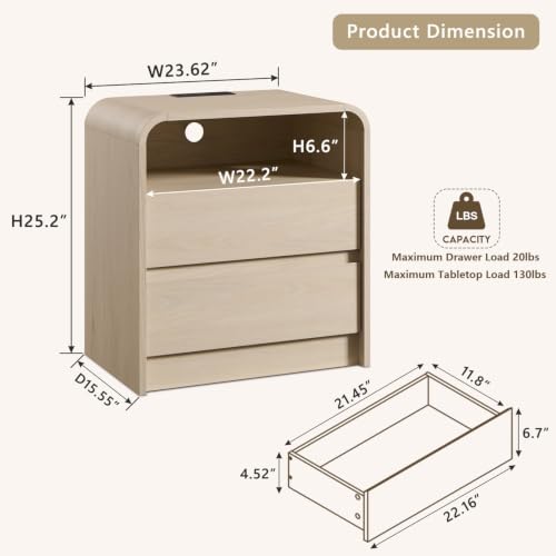 Aitjunz 25" Tall Modern Nightstand with Charging Station, 2 Drawers, Cream | 23.6'' Wide Wood Bedside Table with Curved Profile Design, Large Mid Century End Table for Living Room - color: Cream, size: 1 Piece