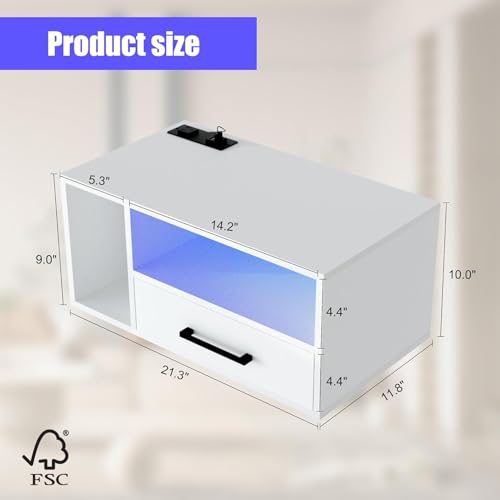 Floating Nightstand with Charging Station & Lights, White | Floating Bedside Table with Drawers Wall Mounted Nightstands,for Bedroom Room, 21.3" x 11.8" x 10" - color: White