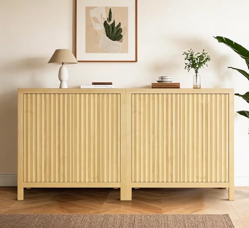 ZYBT Fluted Sideboard Buffet Cabinet, Mid Century Modern Accent Cabinet with 2 Doors and Adjustable Shelf, Storage Cupboard Credenza Console Table for Living Kitchen Dining Room Hallway (Oak) - style: 2Door Oak