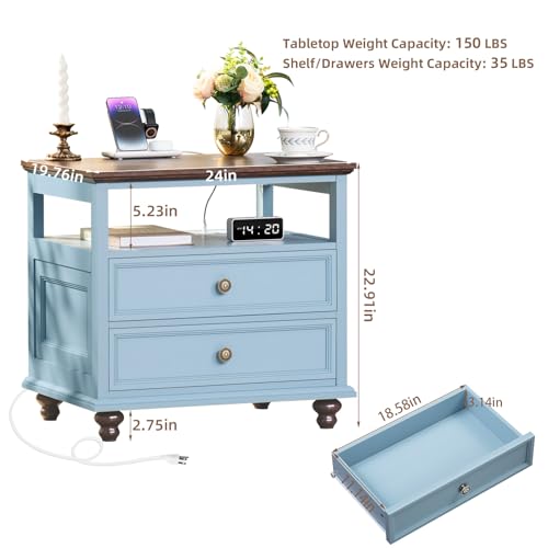 Joaxswe Farmhouse Nightstand with Charging Station, 24" Wide End Table with 2 Drawers, Light Blue Dresser for Bedroom,Wood Bed Side Table Chest of Drawers Cabinet,Night Stand for Living Room,Closet - color: Light Blue, size: 19.76"D x 24"W x 22.91"H (2 Dr