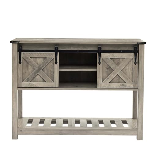 Farmhouse Entryway Table with Sliding Barn Doors, Wood Console Table with Storage Shelf, Rustic Sofa Table for Living Room, Entryway, Foyer, Grey - color: Grey