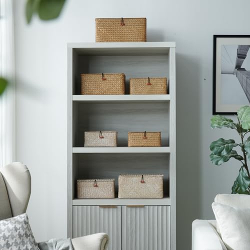 4 Pack, Wicker Baskets with Lids, Natural Seagrass Storage Baskets, Woven Rectangular Basket Bins, Rattan Storage Organizer for Shelf (Whitewashed, Set of 4) - color: Whitewashed, size: Set of 4