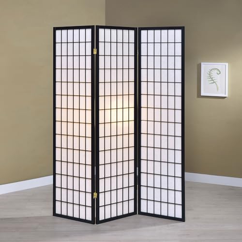 Coaster Home Furnishings - Carrie - Solid Wood - 3-Panel Folding Shoji Screen Room Divider with Black Frame, Linear Grid Design and Metal Hinges - Living Room - Black and White - 4622 - color: Black