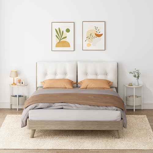 Small Round Side Table End Table, Tall Accent Table with Storage Basket, Set of 2 Half Round Tables Half Moon Tables, Coffee Bedside Tables, Modern Nightstand for Living Room Bedroom, Cream - color: Cream White
