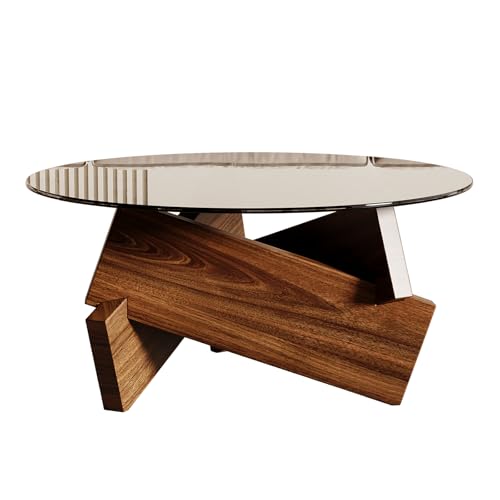 Honyee Modern Round Coffee Table, 30.7" x 30.7" x 16.1" Tempered Glass Top for Living Room, Color: Walnut - color: Walnut