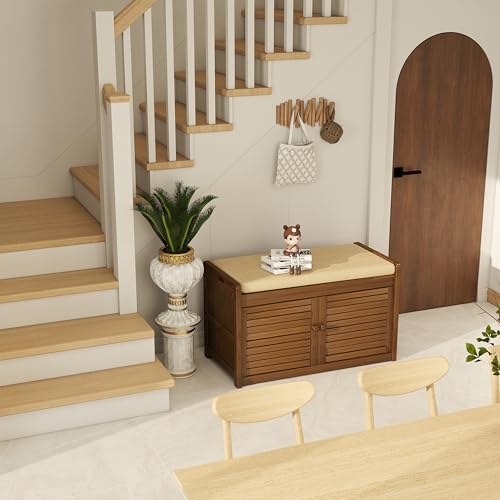 Wilk Shoe Storage Bench, 2-Tier Shoe Cabinet with Padded Seat Cushion, Bamboo Entryway Bench with 2 Doors (31.49’’(L) x13.78’’(W) x18.9''(H)) - size: 31.49" (L) x 13.78" (W) x 18.9" (H)