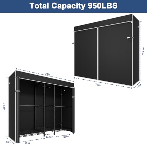 E12C Pro Heavy Duty Closet Organizer System,Freestanding Clothing Rack, Adjustable Garment Rack 71" W x 16" D x 76.5" H Holds 960 lbs, Black Rack with Black Dustproof Cover - color: Black Rack With Black Cover, size: E12C Pro