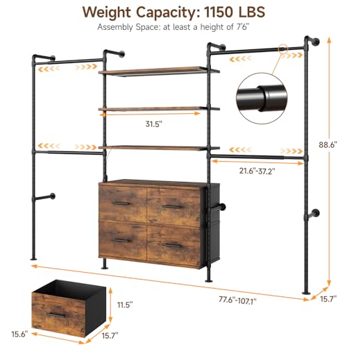 T3 Closet System with Stepless Dimmable LED Light & 4 Large Drawers | Adjustable from 6'6'' to 8'11'', Heavy Duty Industrial Pipe Clothes Rack with 6 Wood Shelves & 4 Hanging Rods, Rustic Brown - color: Rustic Brown