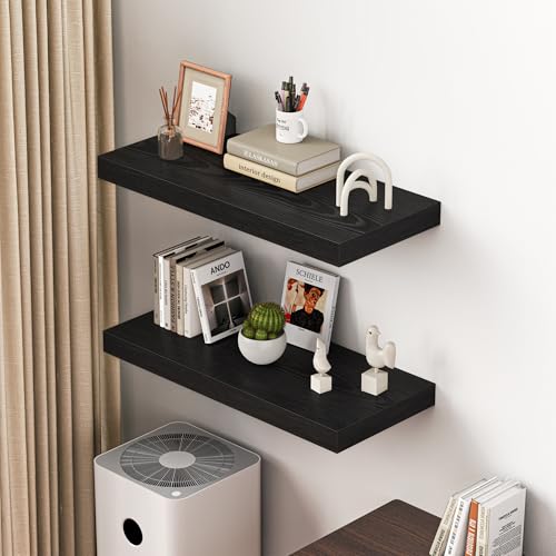 Dreamland 32" Floating Shelves for Wall, 12" Deep Thicker Black Floating Shelves, Wall-Mounted Shelves for Bedroom, Living Room, Kitchen, Bathroom - Set of 2 - color: Black, size: 32"W x 12"D x 2"H, Set of 2