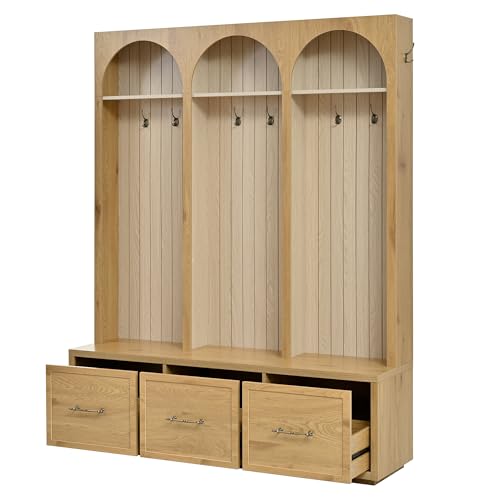 JIVOIT Farmhouse Hall Tree with Three Arched Design, All-in-One Design Wooden Coat Rack & Shoe Organizer with 3 Drawers, 59" Wide Entryway Bench with 8 Retro Hooks for Mudroom, Living Room - color: Oak//538