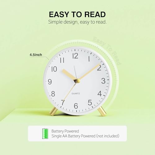 Back to School Silent Analog Quartz Alarm Clock for Kids Bedroom,Night Light, Battery Operated, Fashionable Round Metal - color: White