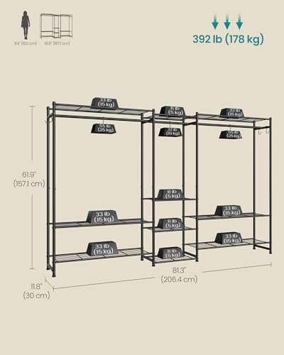 SONGMICS Portable Closet Wardrobe, Clothes Rack, Closet Organizers and Storage, Freestanding Clothing Rack with 10 Shelves, 3 Hanging Rods, Metal Frame Rack, for Bedroom, Entryway, Black ULGR011BZ03S - size: 81.3"L