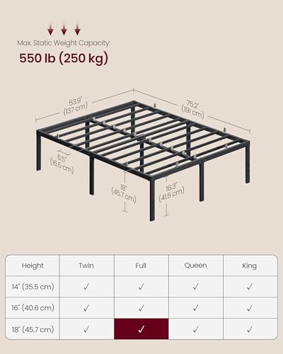 VASAGLE Full Metal Bed Frame 18 Inches Tall, 1100 lb Weight Capacity, No Box Spring Needed, with Under-Bed Storage, Easy Setup, Heavy-Duty Platform Bed, Mattress Retainers, Matte Black URMB672BD02S - size: Full, style: 18 Inch
