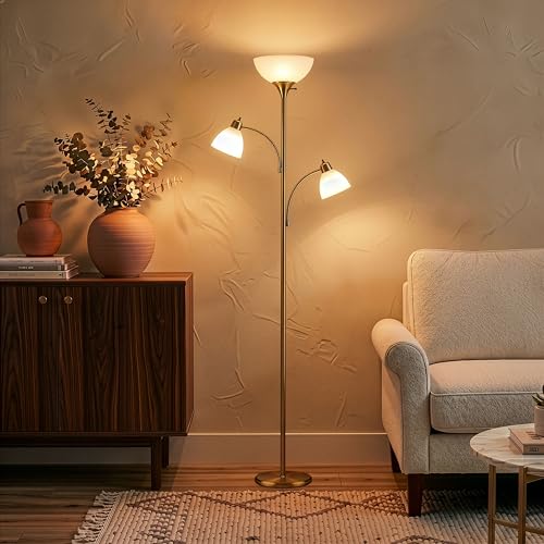 Brightech Sky Dome Double LED Floor lamp, Torchiere Super Bright Floor Lamp with 2 Reading Lamps for Living Rooms & Offices - Dimmable Tall Standing Lamp for Bedroom Reading - Tall Brass Pole - color: Gold Brass