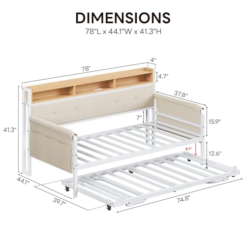 LIKIMIO Daybed with Trundle, Twin Bed Frame,White | with Upholstered Headboard and Charging Station, Sofa Day Bed with Strong Supports for Living Room, Bedroom and Guest Room - color: White