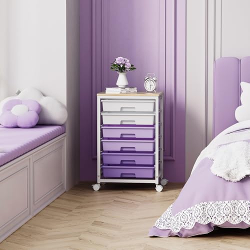 Sykiariol Rolling Cart with 6 Drawers,Purple | Utility Cart with Lockable Wheels and Wooden Tabletop for Under Desk Storage,Teacher Cart for Classroom - color: Purple, size: 6 Drawers